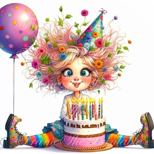 Eigenzinnige vrouw met verjaardagstaart grappige clipart commerciële grillige ephemera JPG Fantasy ongewenste dagboek papier ambachtelijke downloads afdrukbare afbeelding