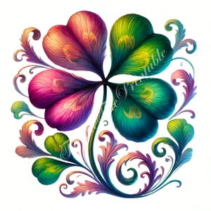 Clipart trèfle porte-bonheur aquarelle haute résolution JPG téléchargement numérique trèfle à quatre feuilles trèfle art floral fantastique Illustration porte-bonheur