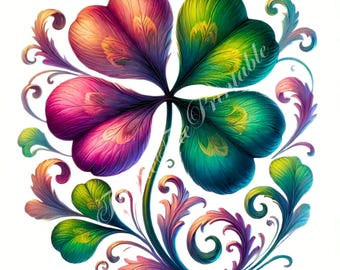 Watercolour Lucky Clover Clipart High Resolution JPG Digital Download Four Leaf Clover Shamrock Fantasy Floral Art Lucky Charm Illustration