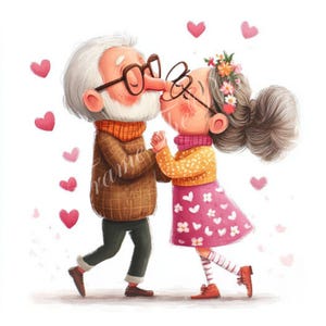 Imágenes prediseñadas de pareja de ancianos enamorados para el día de San Valentín, conjunto de besos, tarjetas, álbumes de recortes, técnica mixta, acuarela, fantasía vintage, JPG, 300 ppp