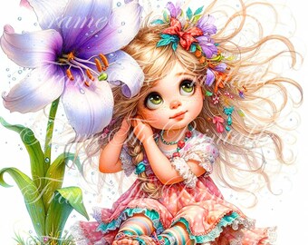 Flower Girl Clipart PNG, Cute Sitting Girl Illustration, Floral Doll Art, Spring Kids Graphics, Boho Baby Clip Art, Digital Sublimation Set
