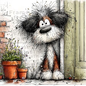 May include: A whimsical illustration of a dog peeking out from behind a door. The dog has fluffy black, brown, and white fur, with large, expressive eyes. Two terracotta pots with plants sit beside a brick wall. The door is a light green color.