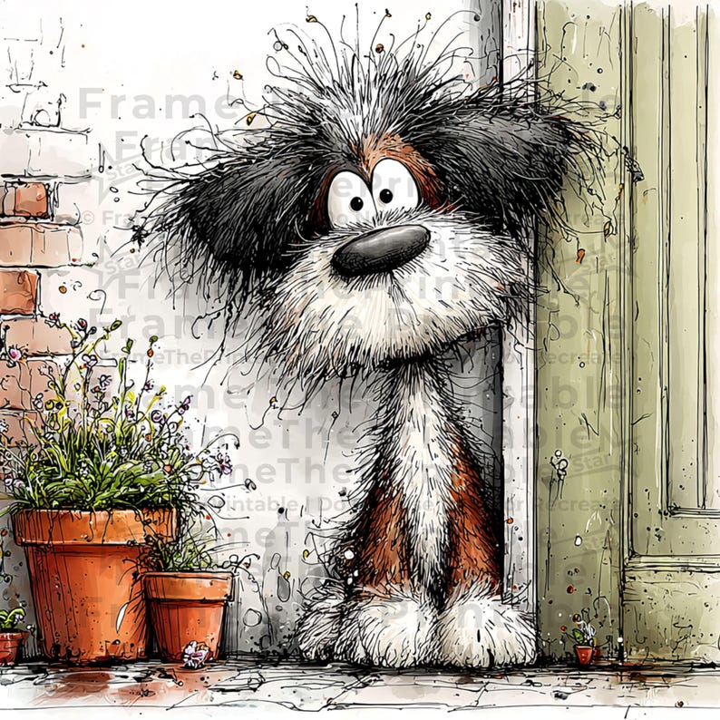 May include: A whimsical illustration of a dog peeking out from behind a door. The dog has fluffy black, brown, and white fur, with large, expressive eyes. Two terracotta pots with plants sit beside a brick wall. The door is a light green color.