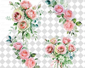 Watercolour Rose Bouquet Clipart, Pink Floral PNG, Vintage Flower Arrangement, Wedding Invitation Design, Junk Journal Scrapbook Download TB