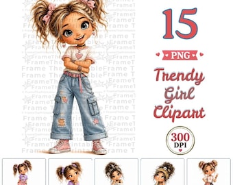 Trendy Girl Clipart Set, 15 Cute Fashion PNG, Stylish Modern Girls, 300 DPI Digital Download