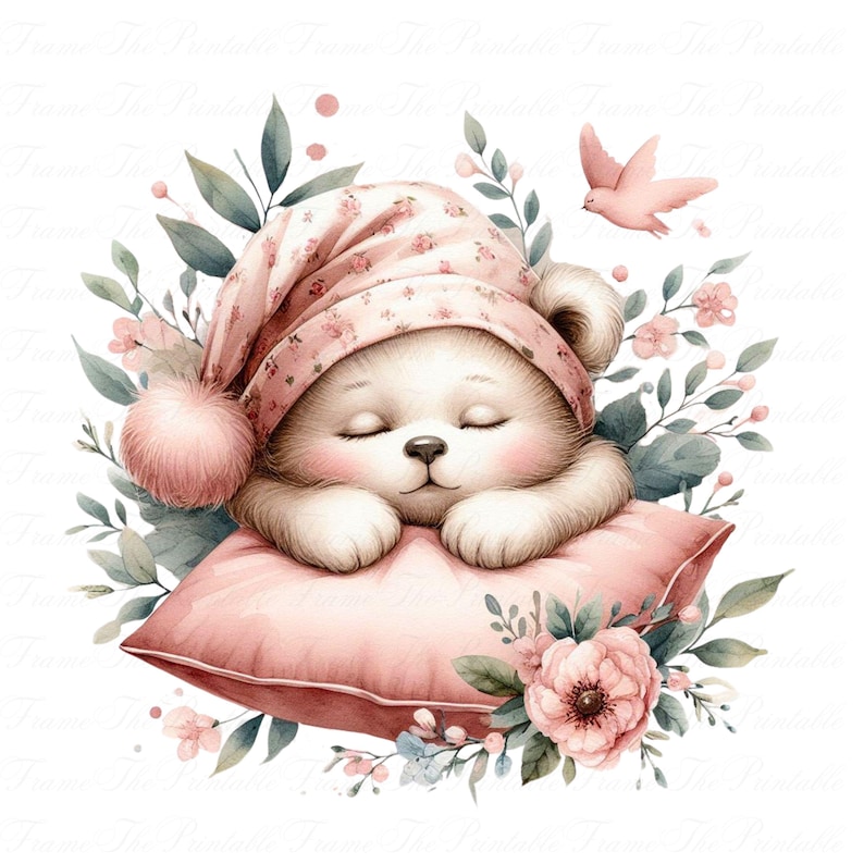 Sleeping Bear Clipart PNG Set Cute Baby Girl Teddy in Pink Pajamas ...