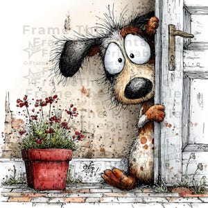 May include: Whimsical illustration of a dog peeking around a white door. The dog has large, expressive eyes and a spotted coat. A red flower pot sits beside the door. The image has the text "Frame Th" and "Frame Star".