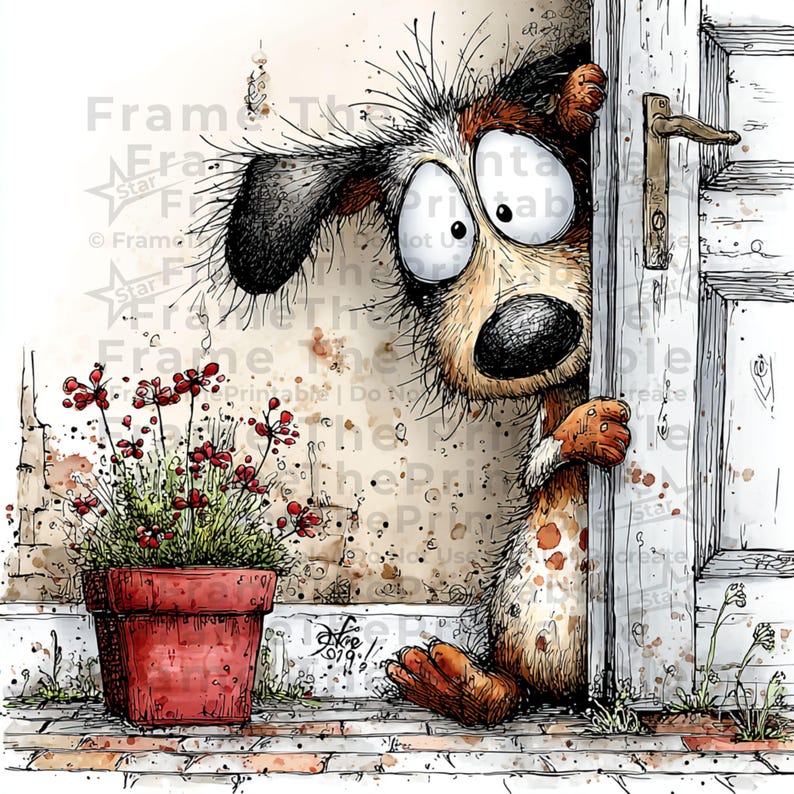May include: Whimsical illustration of a dog peeking around a white door. The dog has large, expressive eyes and a spotted coat. A red flower pot sits beside the door. The image has the text "Frame Th" and "Frame Star".