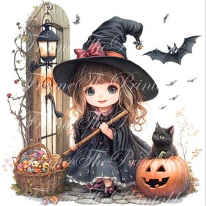 Halloween Cute Girl Pumpkin black Cat Clipart Image Cute Cartoon EphemeraJPG Commercial Fantasy Junk Journal Paper Craft Downloads Cute Doll