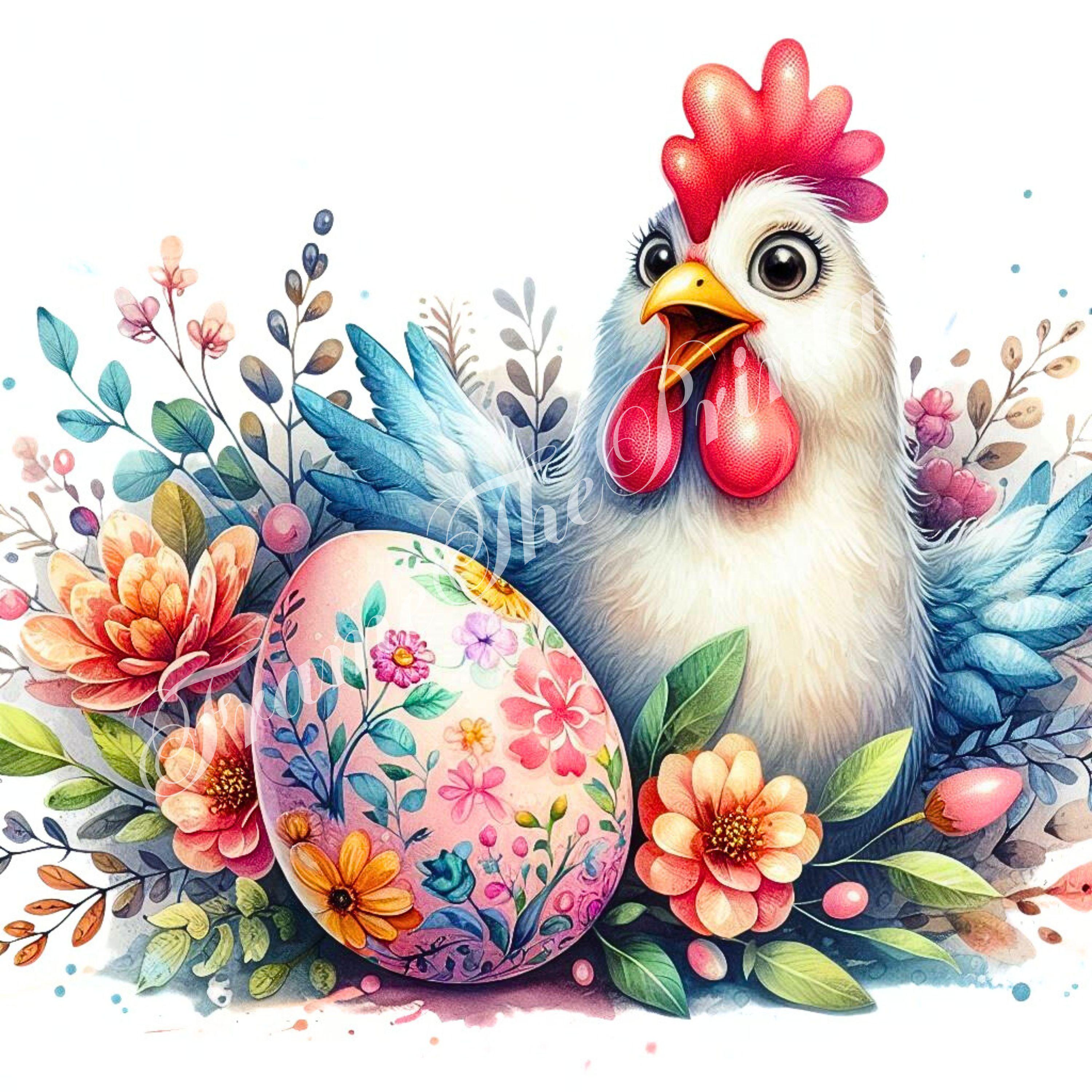 Spring Rosters Easter Floral Easter Roster Clipart, Chicken With Egg High Res, Watercolour ...