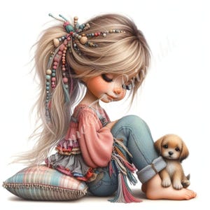 10 Cute Girl with Puppy Clipart, Whimsical Girl with Dog JPG Images, Adorable Art Fantasy Junk Journaling, Scrapbooking Digital Paper Craft
