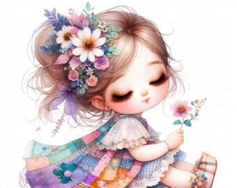 Baby Girl with Flower Clipart, Watercolour Art Floral Girl, Digital Download PNG, High Resolution Girl Bundle, Digital Scrapbooking Clipart