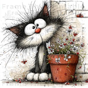 May include: A cartoon illustration of a black and white cat with a red nose and large eyes, peeking around a brick wall. A terracotta flower pot with white and red flowers is next to the cat.