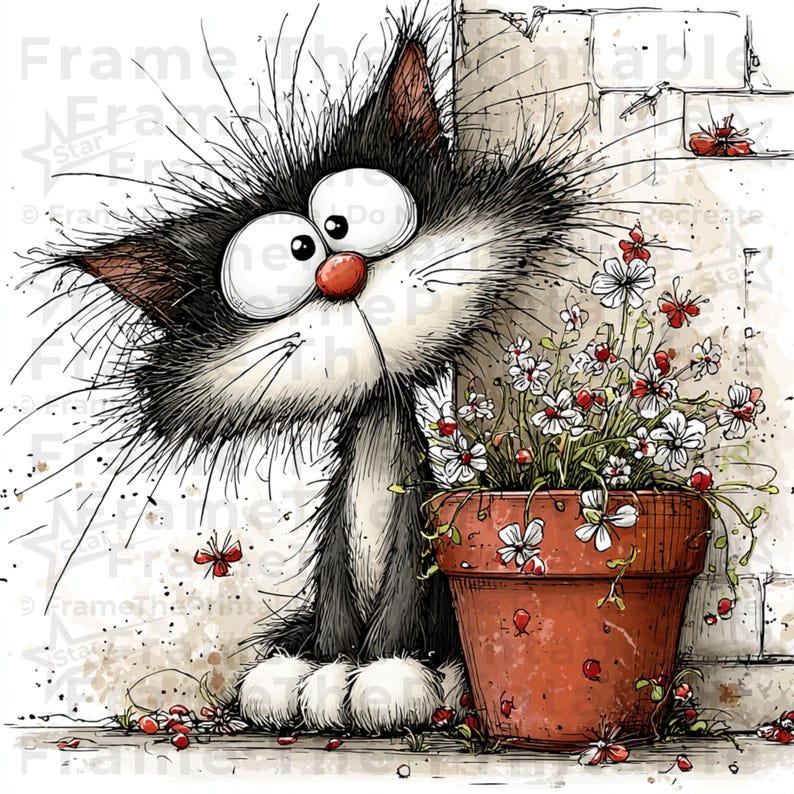 May include: A cartoon illustration of a black and white cat with a red nose and large eyes, peeking around a brick wall. A terracotta flower pot with white and red flowers is next to the cat.