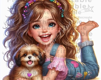 Nyckfull akvarell flicka med valp Clipart JPG, söta flickor och hundar för scrapbooking, dagböcker, kort, barnrum, digital konst
