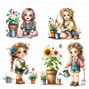 May include: Watercolor illustrations of young girls gardening. Each girl is depicted with blonde braids and floral headbands, wearing overalls and tending to plants with watering cans and gardening tools. The images feature potted flowers and sunflowers.