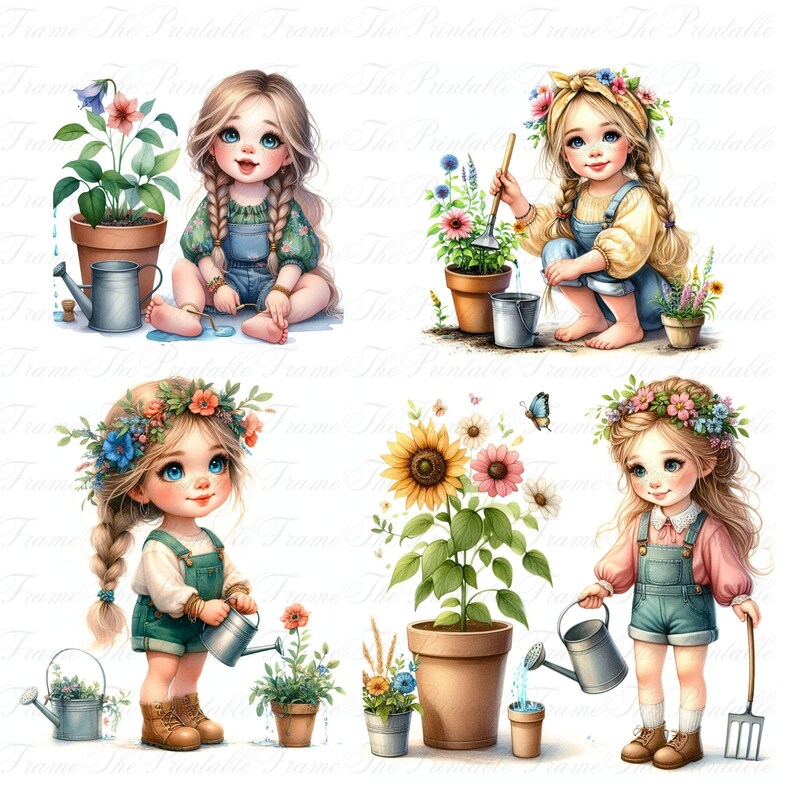 May include: Watercolor illustrations of young girls gardening. Each girl is depicted with blonde braids and floral headbands, wearing overalls and tending to plants with watering cans and gardening tools. The images feature potted flowers and sunflowers.