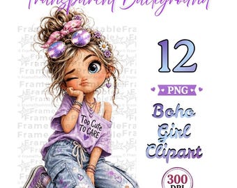 Boho Girl Clipart, Whimsical Messy Hair Girls, 12 Transparent PNGs
