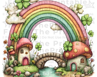 St. Patrick’s Day Clipart: Lucky Shamrocks, Rainbow, Waterfall and Mushroom Houses 12 PNG 300 DPI Digital Download for Kids Crafts and Cards