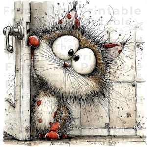 May include: A cartoon illustration of a startled cat peeking from behind a door. The cat has large eyes, brown and white fur, and red spots. The background shows a tiled wall and a door handle. The image has a hand-drawn style.