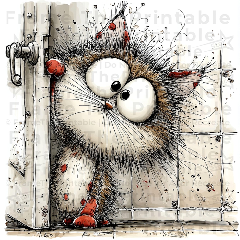 May include: A cartoon illustration of a startled cat peeking from behind a door. The cat has large eyes, brown and white fur, and red spots. The background shows a tiled wall and a door handle. The image has a hand-drawn style.