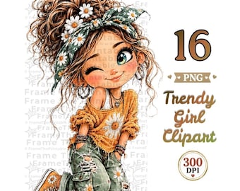 Trendy Girl Clipart, Fashion Girl PNG, Cute Boho Girls, Modern Outfit Clipart Bundle
