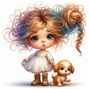 Bambina carina con cucciolo ClipArt Piccola bambola Acquerello 12 PNG Junk Journaling Scrapbook Card Making Download digitale Fantasia stravagante