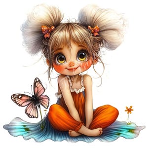 12 cliparts fantaisie petite fille avec papillon et coeur, éphémères fantaisistes, images aquarelles, carnet de notes, albums, travaux manuels numériques JPG