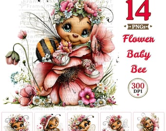 Floral Honey Baby Bee Clipart PNG Bundle, 18 Flower Bee PNG, Nursery Decor, Sublimation, Digital Download