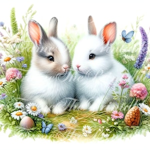 16 coelhos fofos em um clipart de grama floral, arte de animais selvagens caprichosos, coelhos de Páscoa em aquarela, ilustrações para fazer cartões, arte de berçário