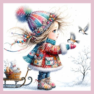 Adorável menina fofa de inverno com clipart de pássaro, uso comercial caprichoso efêmera JPG, diário de lixo de fantasia, papel artesanal, baixar boneca para imprimir