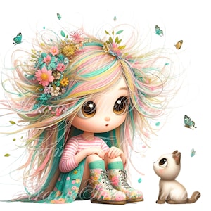 Fille originale avec chaton, images de chat mignon fille florale JPG Clipart images cartes invitation album à télécharger imprimable en vrac pour les enfants