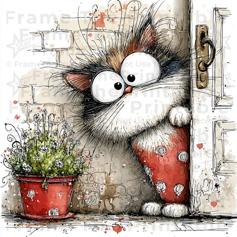 May include: A charming watercolour illustration of a cat peeking from a doorway. The cat has large eyes and is wearing a red outfit with white polka dots. A red flower pot with green plants is next to the cat.