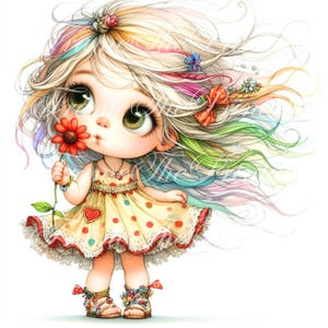 Schattig eigenzinnig meisje clipart, rode bloem clipart, commerciële grillige baby JPG, Fantasy Junk Journal, Paper Craft, Instant Download, schattige pop