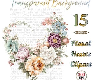 Floral Heart Clipart, 15 Romantic Watercolor Flower PNGs, Vintage Botanical Heart Wreaths