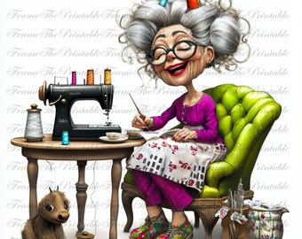 Quirky Seamstress Clipart, Funny sewer Lady, Quirky Granny Sewing Illustration, Vintage Sewing Room Printable Digital Art for Craft Lovers