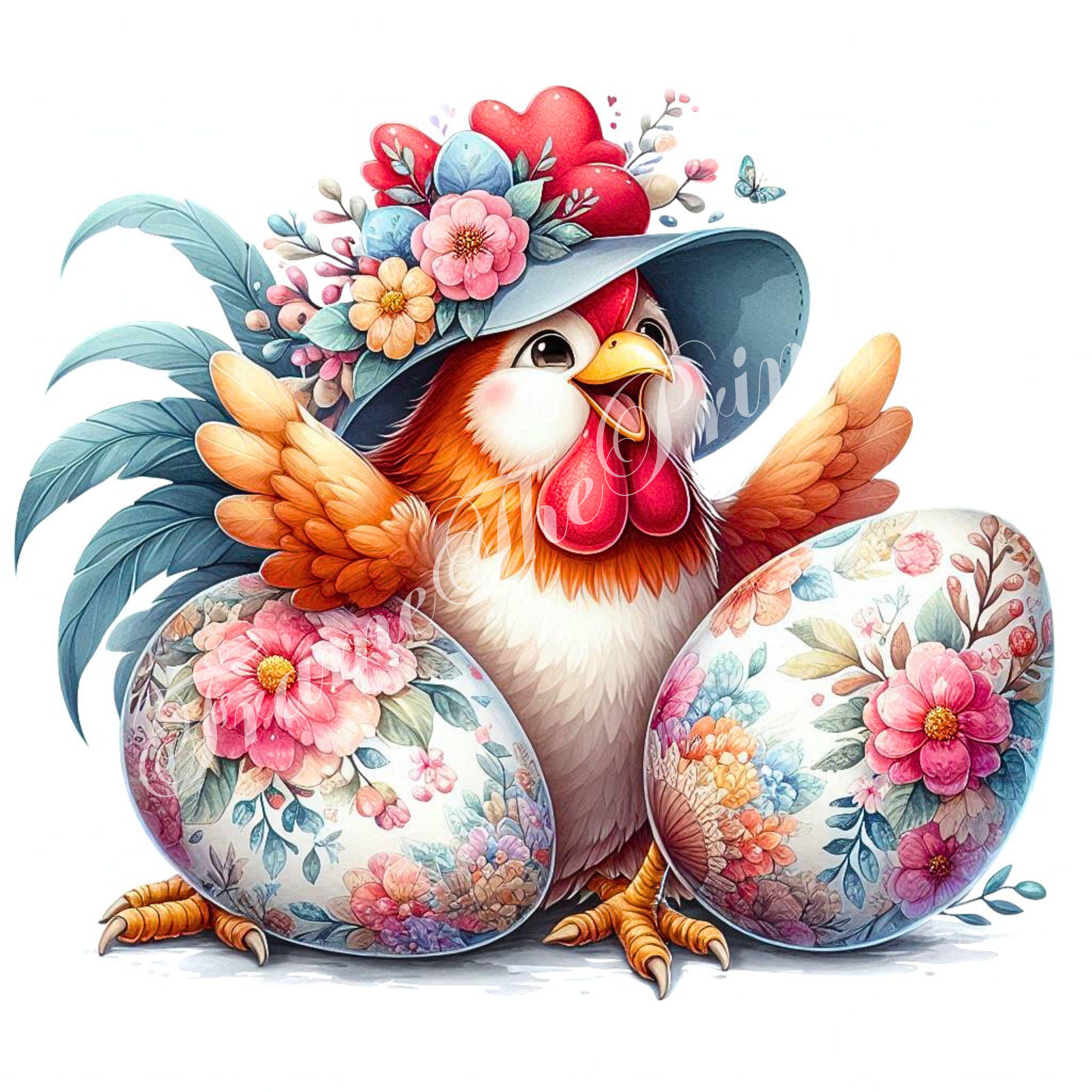 Spring Rosters Easter Floral Easter Roster Clipart, Chicken With Egg High Res, Watercolour ...