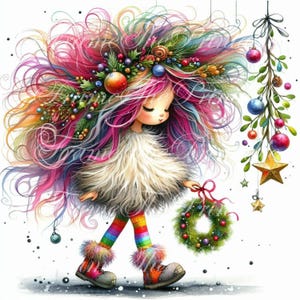 Imágenes comerciales de lindas y extravagantes chicas navideñas, imágenes efímeras, archivos JPG, diarios de fantasía, manualidades de papel, descargas imprimibles