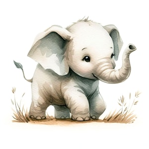 Watercolor Baby Elephant Clipart, Cute Baby Animal Clipart, Baby Nursery Clipart, Jungle Safari Baby Shower Clipart, High-Quality JPG