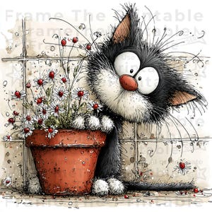 May include: A cartoon illustration of a black and white cat with a red nose, gazing at a terracotta flower pot brimming with daisies. The cat has large eyes, and the background features a tiled wall.