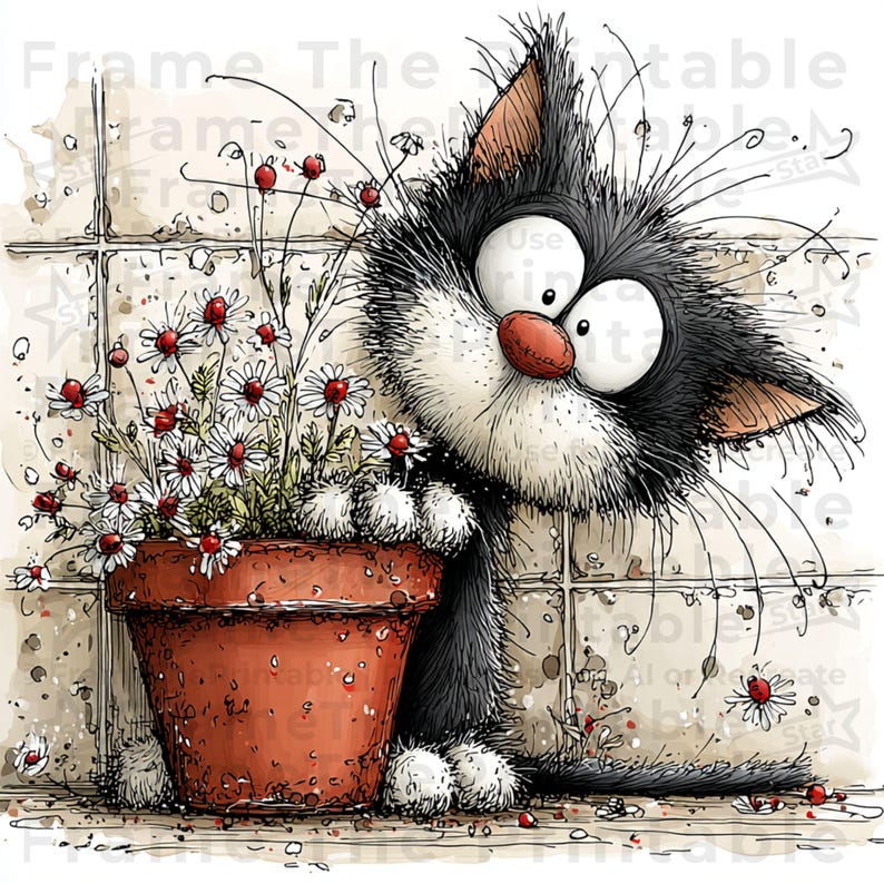 May include: A cartoon illustration of a black and white cat with a red nose, gazing at a terracotta flower pot brimming with daisies. The cat has large eyes, and the background features a tiled wall.