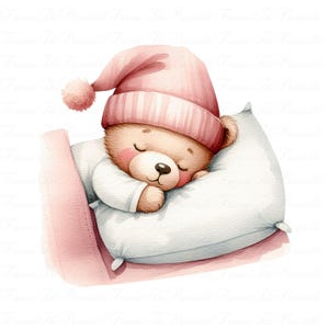 Sleeping Bear Clipart PNG Set Cute Baby Girl Teddy in Pink Pajamas ...