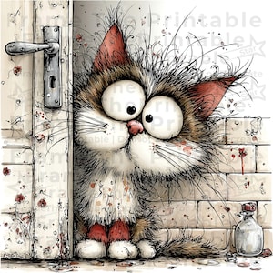 May include: A cartoon illustration of a startled cat with large eyes, peeking from behind a door. The cat has brown and white fur, a pink nose, and a surprised expression. The background features a brick wall and a door with a handle. The image has a whimsical style.