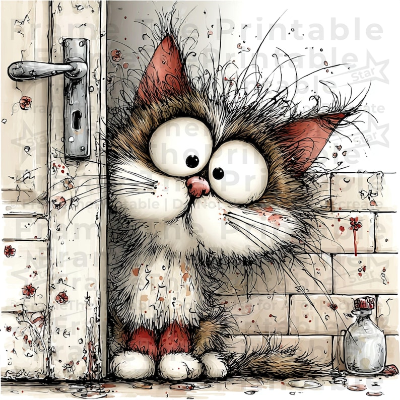 May include: A cartoon illustration of a startled cat with large eyes, peeking from behind a door. The cat has brown and white fur, a pink nose, and a surprised expression. The background features a brick wall and a door with a handle. The image has a whimsical style.
