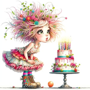 Eigenzinnige vrouw met verjaardagstaart grappige clipart commerciële grillige ephemera JPG Fantasy ongewenste dagboek papier ambachtelijke downloads afdrukbare afbeelding