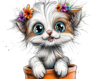 Paquete JPG de gatito peculiar, mascota doméstica, descarga digital, diario de animales caprichoso, licencia comercial, arte en acuarela, álbum de recortes de fantasía, lote