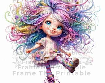 Quirky Girl with Rainbow Hair Clipart, Whimsical Fantasy Nursery Girls Art, Colorful Storybook Illustrations, 20 PNG 300 DPI Digital Art