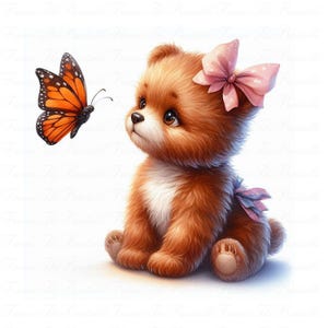 Teddy Bear with Butterfly Clipart, Cute Animal Floral 300 DPI Art, High Quality Nursery PNG, Digital Download Commercial Paper Craft 300 DPI