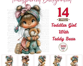 Toddler Girl Clipart PNG, Cute Teddy Bear Girl Clipart, Whimsical Baby Girl, Watercolor Kids Clipart, Nursery PNG, Commercial Use