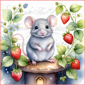 Mignonne souris et fraises PNG petits animaux images Clipart imprimable enfants photos Scrapbooking chambre d'enfant décoration téléchargements 300 DPI